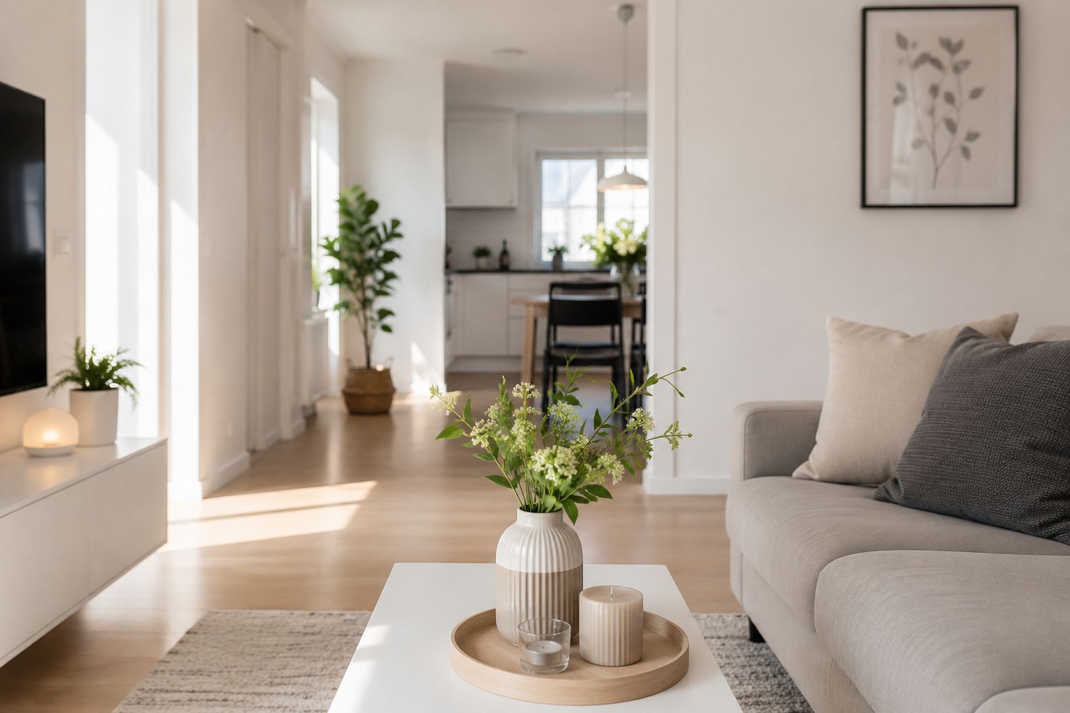 Ljust och städat vardagsrum med soffa, soffbord och blommor i en vas